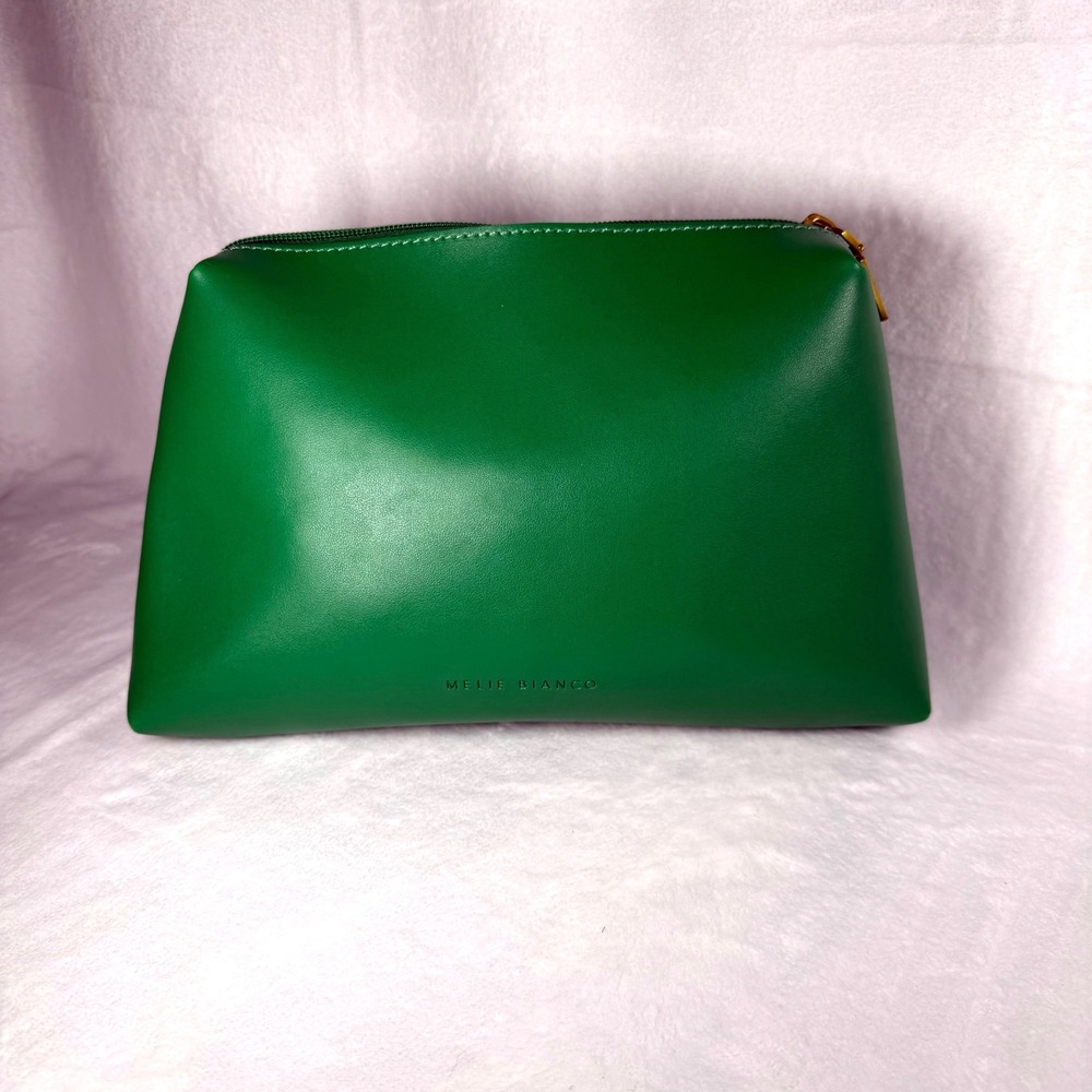 Melie Bianco | Green Faux Leather Cosmetic Bag Zipper‎ Pouch Gold Hardware